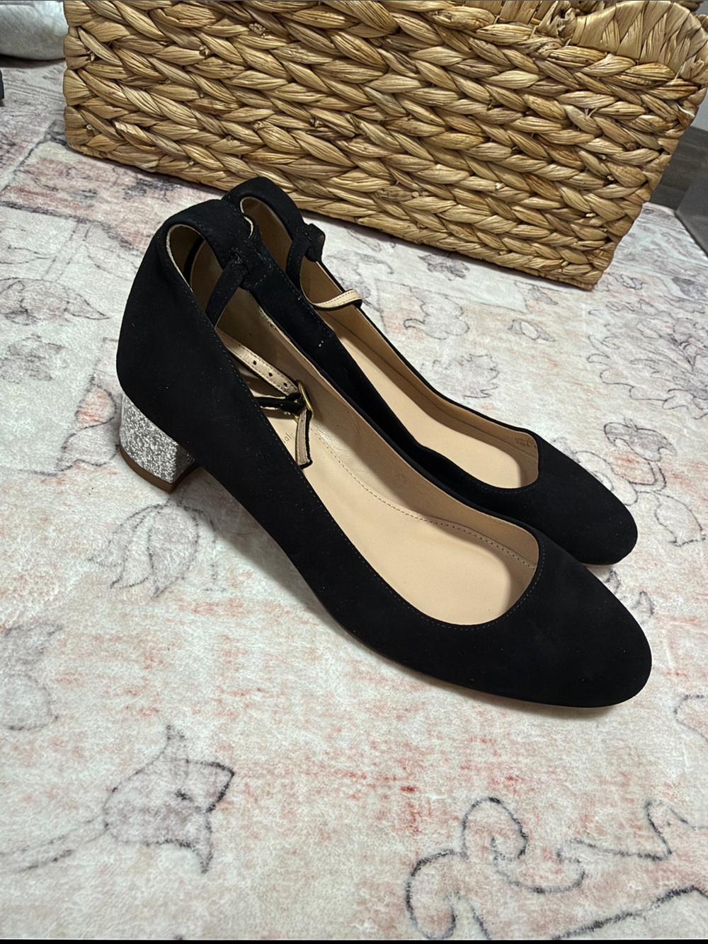 J. Crew Black Suede Ankle Strap Block Heels with Glitter Heel